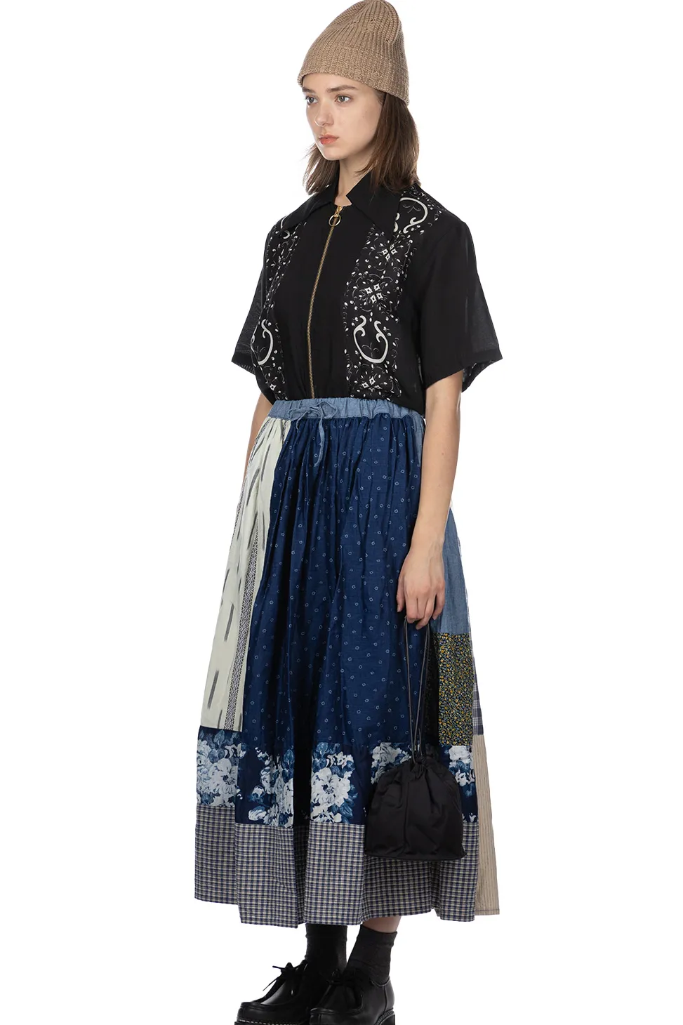 New Kapital Patchwork Gathered Skirt - Indigo