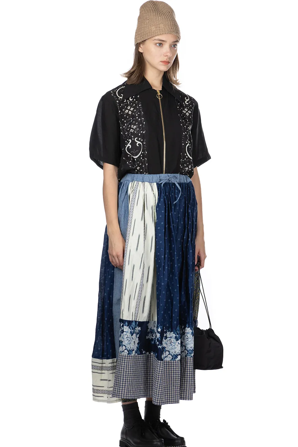 New Kapital Patchwork Gathered Skirt - Indigo