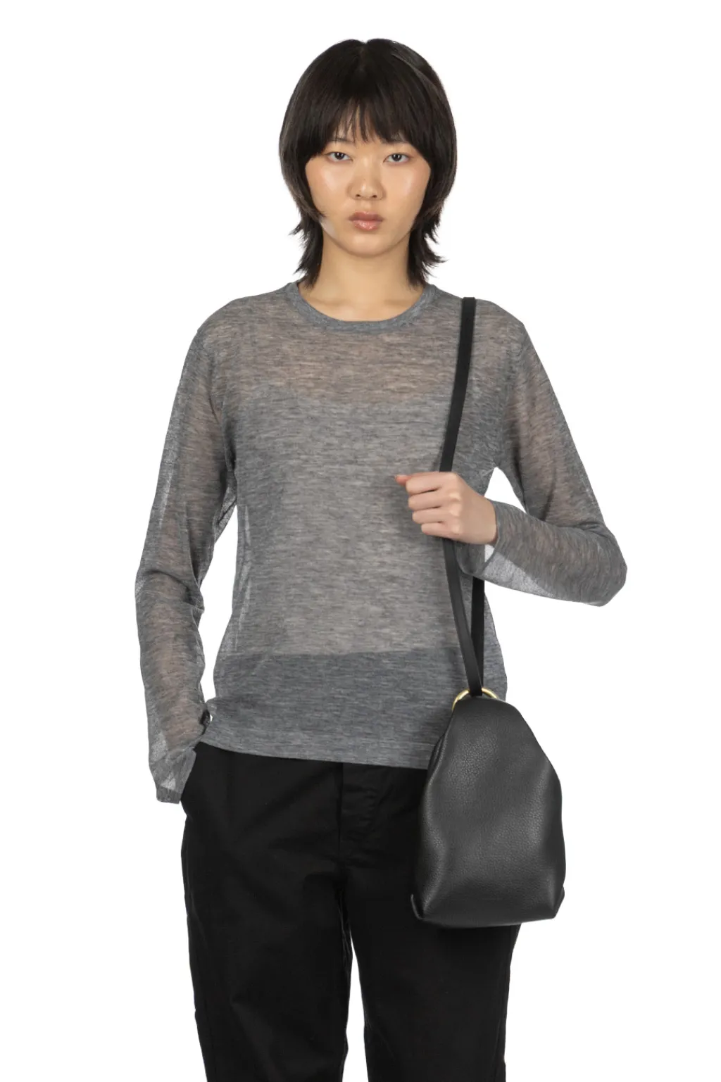 Best YLEVE Polyester Ramie Sheer Knit Pullover - Top Grey