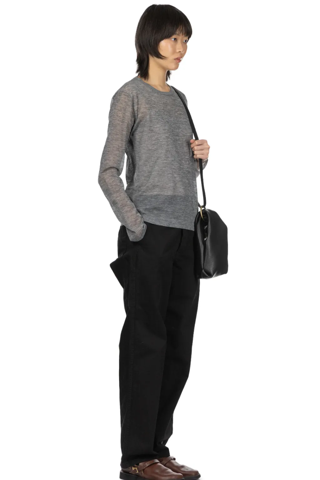 Best YLEVE Polyester Ramie Sheer Knit Pullover - Top Grey