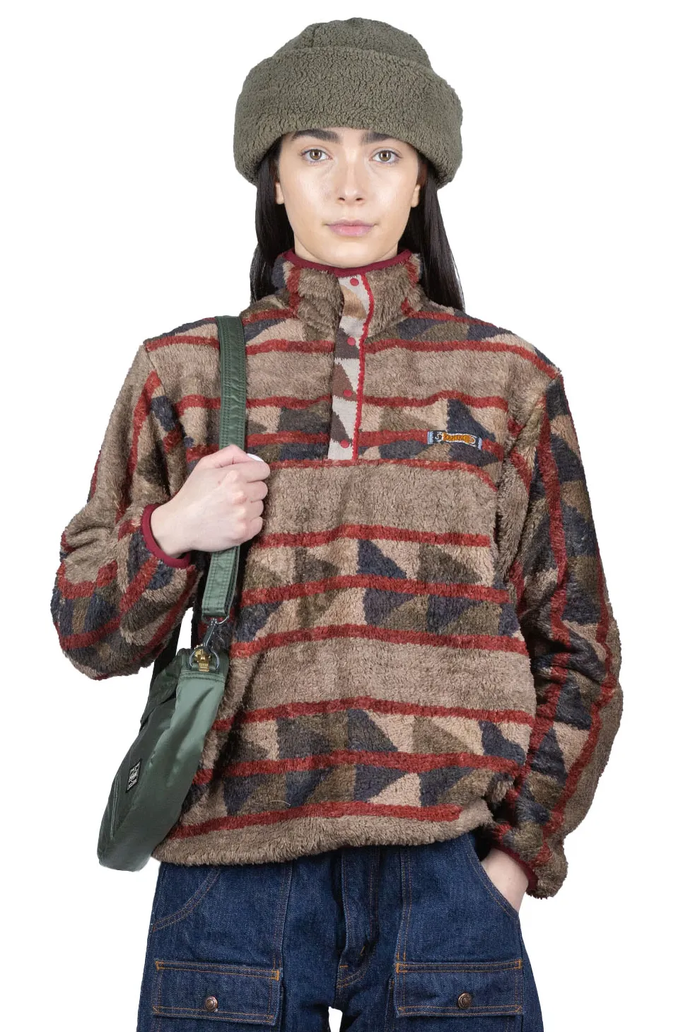 Fashion Kapital PUEBLO Stripe Fleece Pullover - Red x Brown