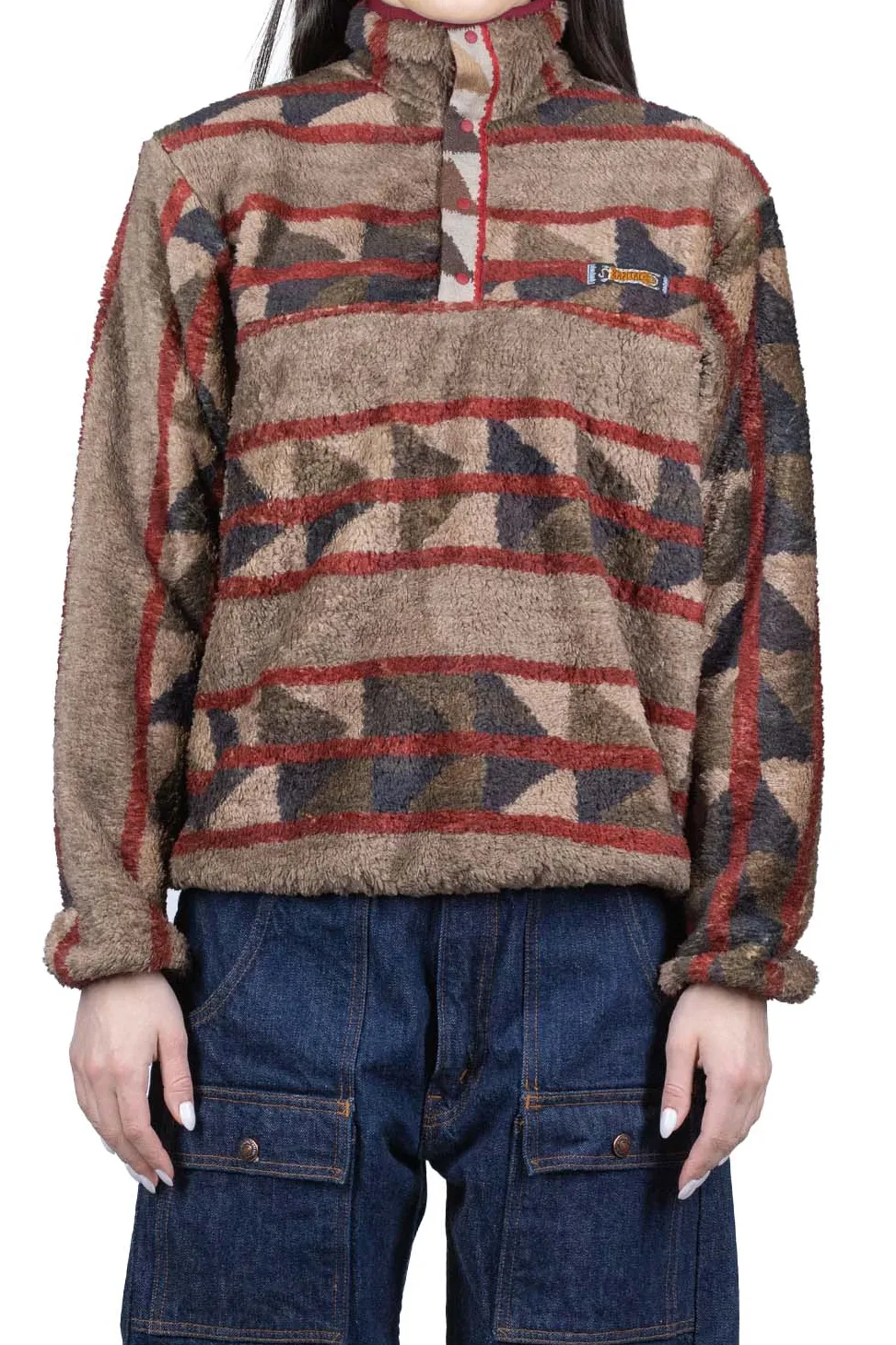 Fashion Kapital PUEBLO Stripe Fleece Pullover - Red x Brown