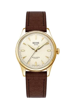 Hot KUOE Watch ROYAL SMITH 90-006 - Gold Case Ivory Dial - D.Brown Leather Band