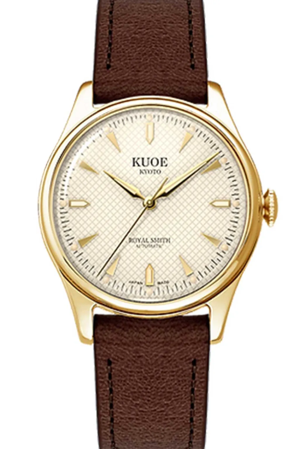 Hot KUOE Watch ROYAL SMITH 90-006 - Gold Case Ivory Dial - D.Brown Leather Band