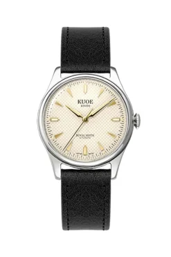 Hot KUOE Watch ROYAL SMITH 90-006 - Silver Case Ivory Dial - Black Leather Band