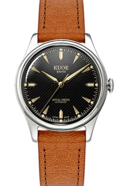 Sale KUOE Watch ROYAL SMITH 90-006 - Silver Case Black Dial - Tan Leather Band