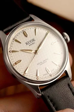 Hot KUOE Watch ROYAL SMITH 90-006 - Silver Case Ivory Dial - Black Leather Band