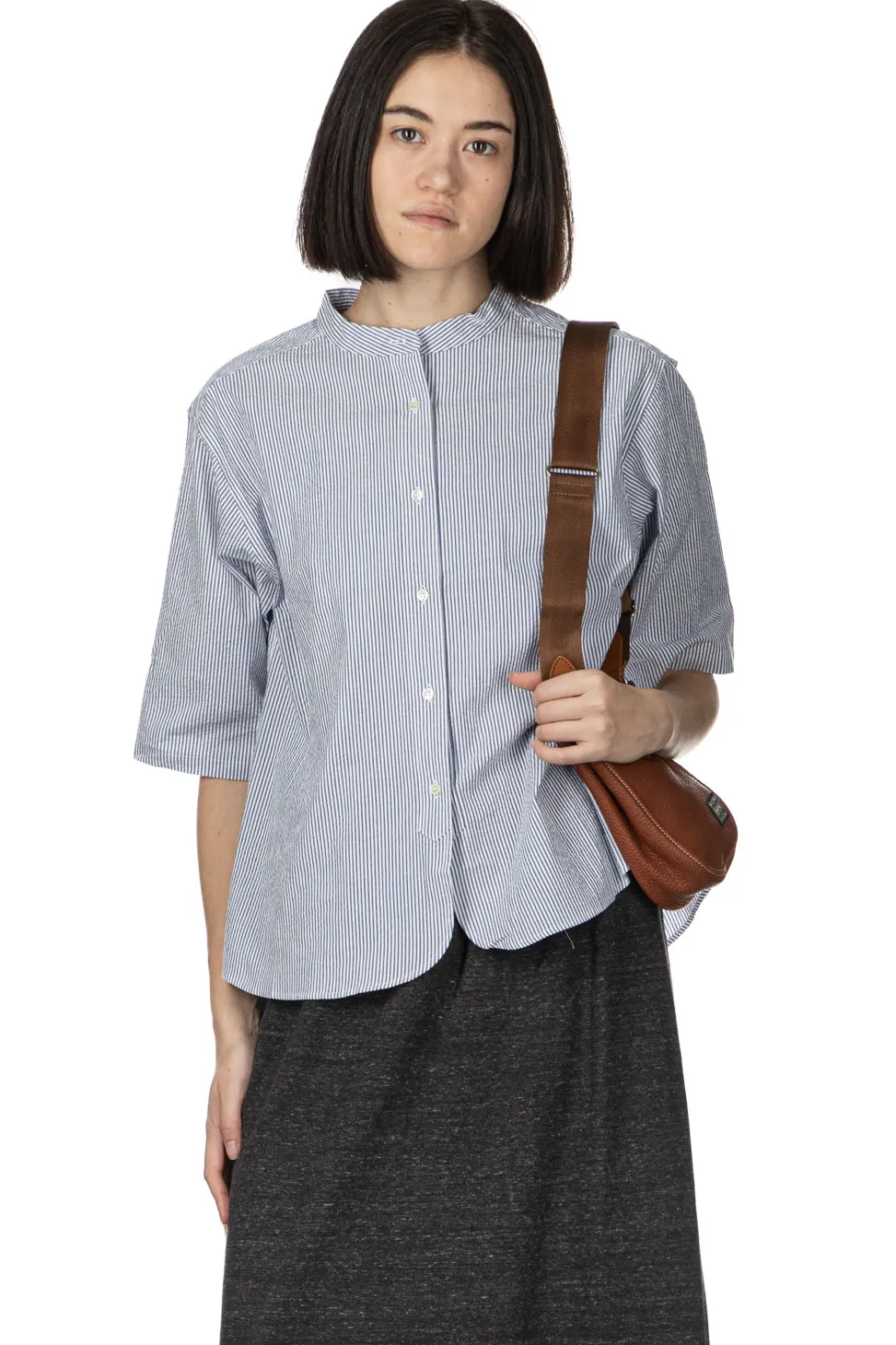 Online Nachukara Seersucker Band Collar Blouse - Blue