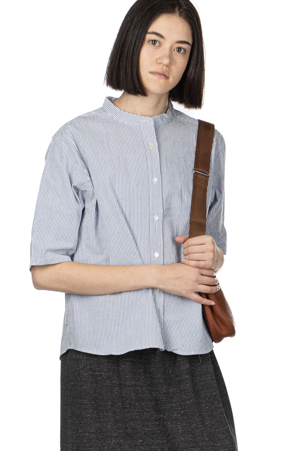 Online Nachukara Seersucker Band Collar Blouse - Blue