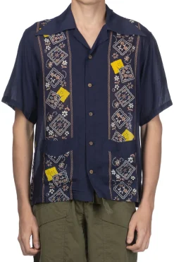 Sale Kapital Silk Rayon PECKSIH RAINBOWY WRANGLE Cuba Shirt - Navy