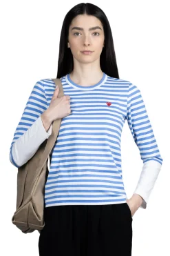 Discount Comme Des Garcons Play Small Red Heart Striped LS T-Shirt - Blue x White