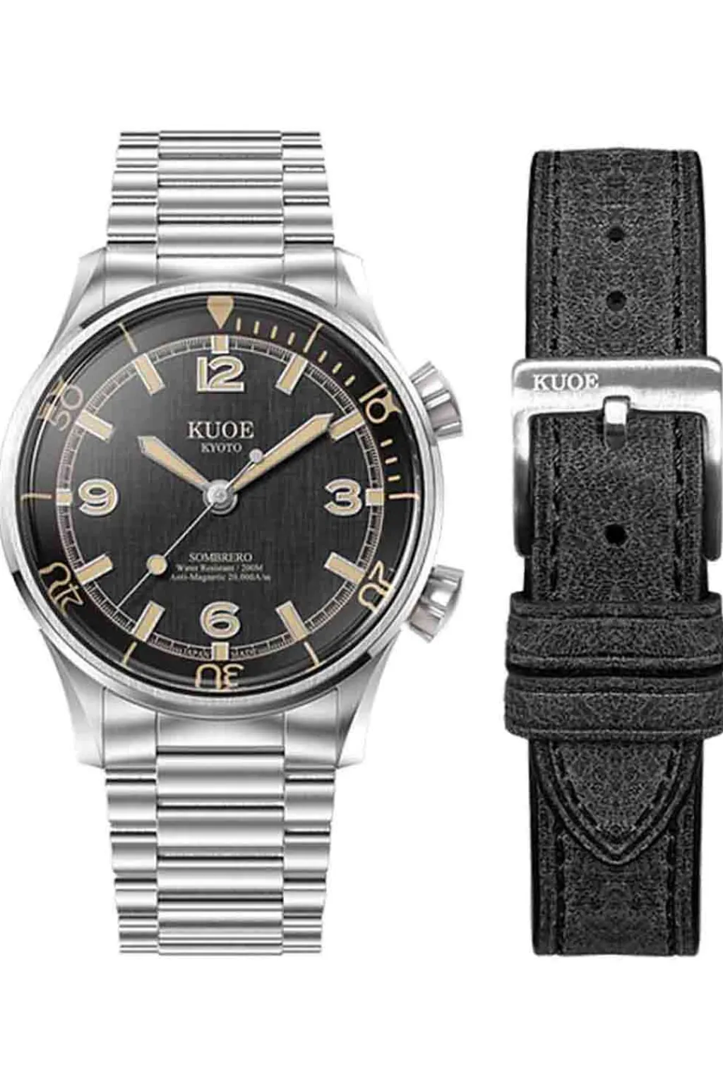 Online KUOE Watch SOMBRERO 90-011 - 38mm - Black Linen Textured Dial - Flat-Link