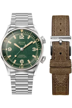 New KUOE Watch SOMBRERO 90-011 - 38mm - Green Linen Textured Dial - Flat-Link