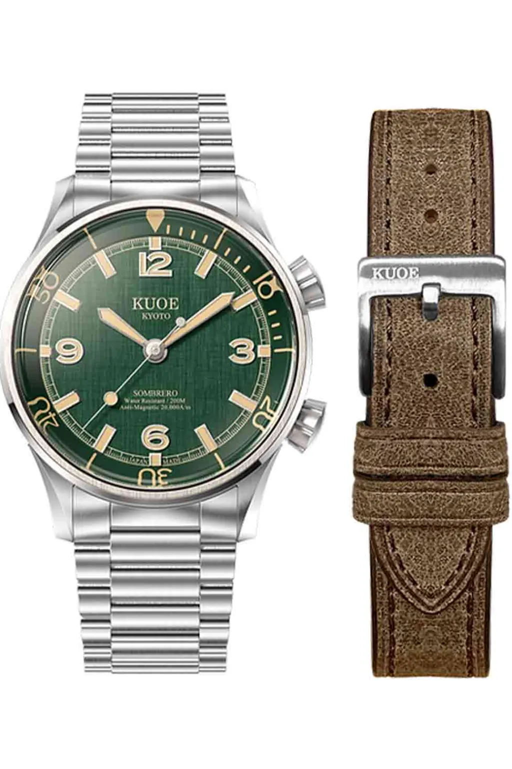 New KUOE Watch SOMBRERO 90-011 - 38mm - Green Linen Textured Dial - Flat-Link