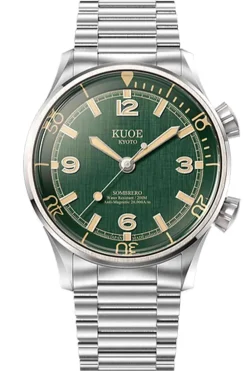 New KUOE Watch SOMBRERO 90-011 - 38mm - Green Linen Textured Dial - Flat-Link