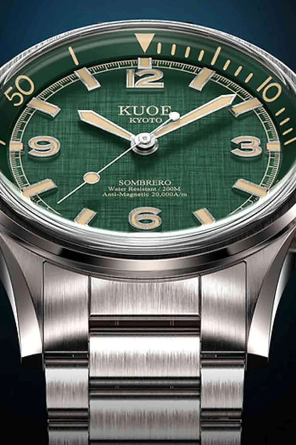 New KUOE Watch SOMBRERO 90-011 - 38mm - Green Linen Textured Dial - Flat-Link
