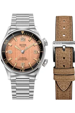 Best KUOE Watch SOMBRERO 90-011 - 38mm - Salmon Linen Textured Dial - Flat-Link