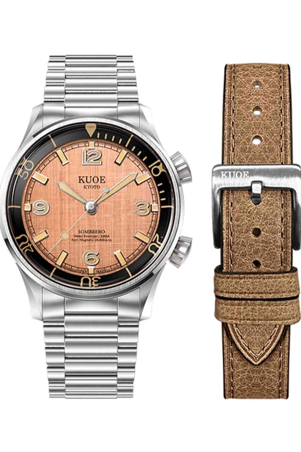 Best KUOE Watch SOMBRERO 90-011 - 38mm - Salmon Linen Textured Dial - Flat-Link