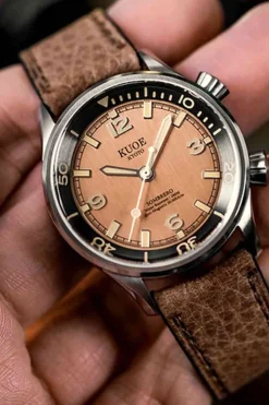 Best KUOE Watch SOMBRERO 90-011 - 38mm - Salmon Linen Textured Dial - Flat-Link