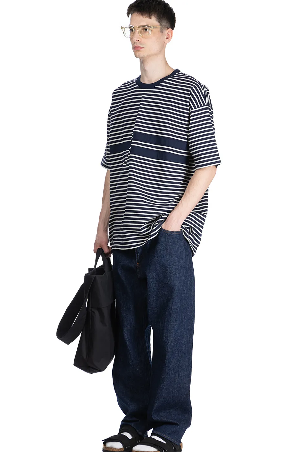 Sale ts(s) Stripe Disconnection Line T-Shirt - Navy