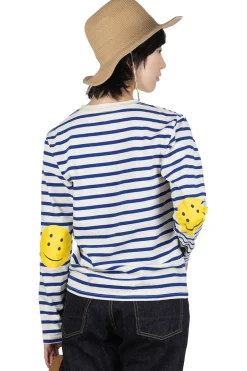 Fashion Kapital Stripe Jersey Crew LS Tee (RAINBOWY Patch) - Natural x Blue