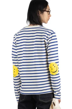 Outlet Kapital Stripe Jersey Crew LS Tee (RAINBOWY Patch) - Natural x Blue