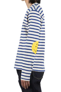 Outlet Kapital Stripe Jersey Crew LS Tee (RAINBOWY Patch) - Natural x Blue