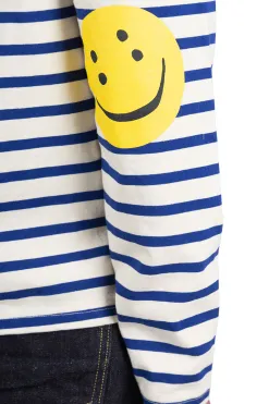 Outlet Kapital Stripe Jersey Crew LS Tee (RAINBOWY Patch) - Natural x Blue