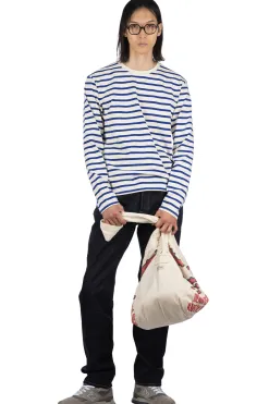 Outlet Kapital Stripe Jersey Crew LS Tee (RAINBOWY Patch) - Natural x Blue