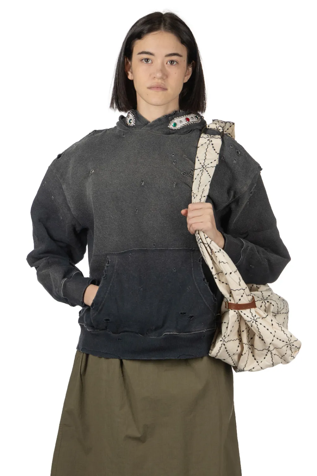 Online Kapital SWT Knit Thriller Damaged Hoodie (Studs) - Black