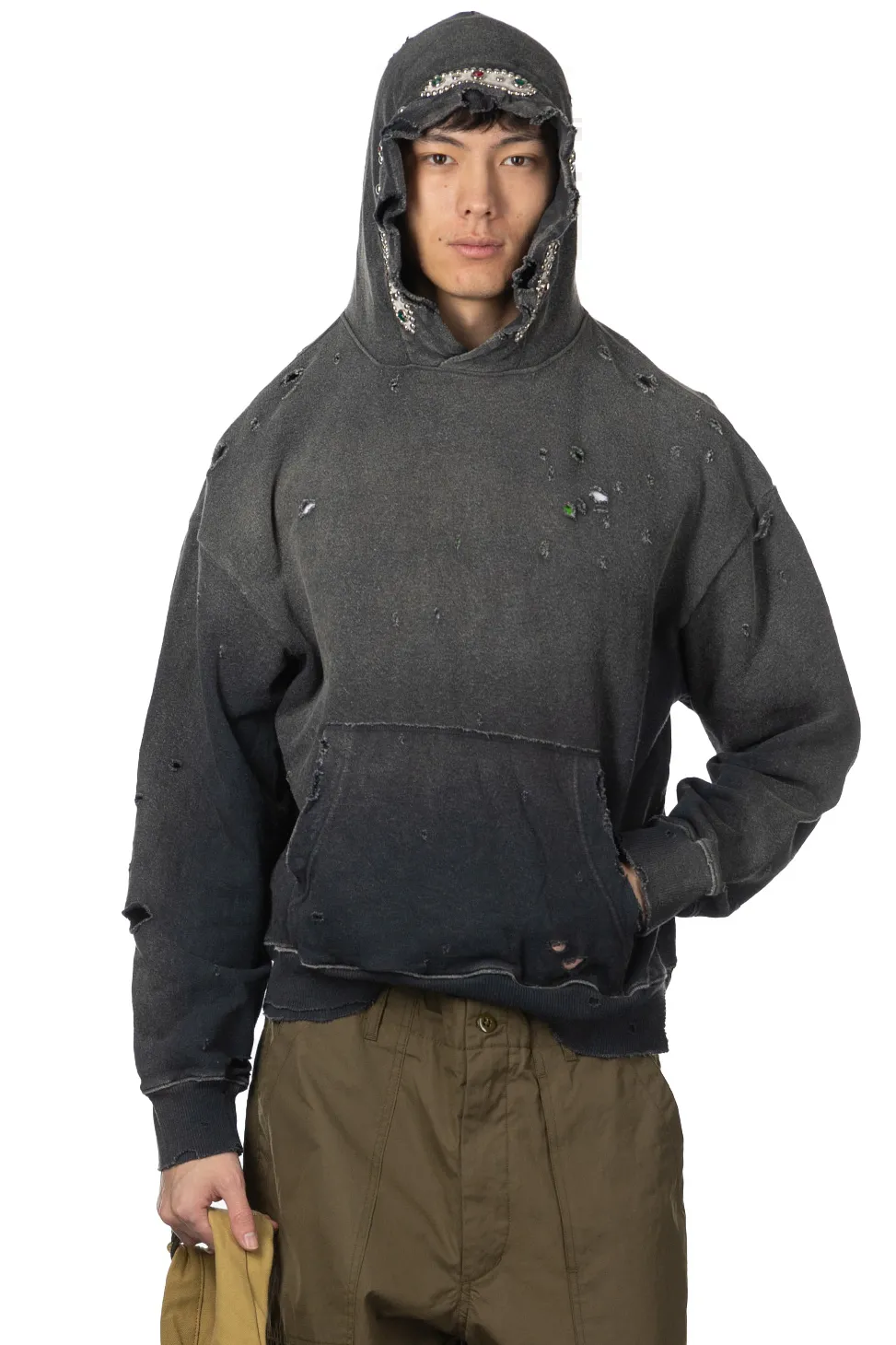 Discount Kapital SWT Knit Thriller Damaged Hoodie (Studs) - Black