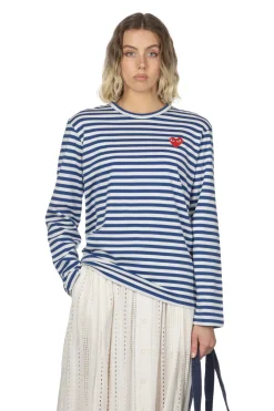 Outlet Comme Des Garcons Play Unisex Red Heart Stripe LS T-Shirt - Navy x White