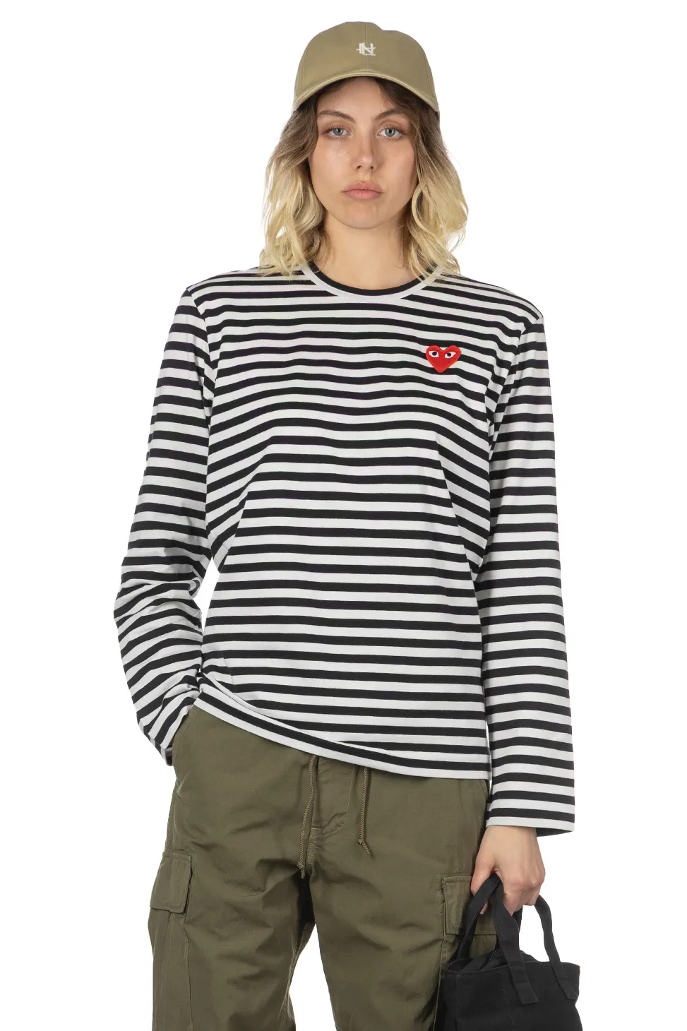 Outlet Comme Des Garcons Play Unisex Red Heart Striped LS T-Shirt - Black x White