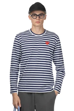 New Comme Des Garcons Play Unisex Red Heart Striped LS T-Shirt - Navy x White