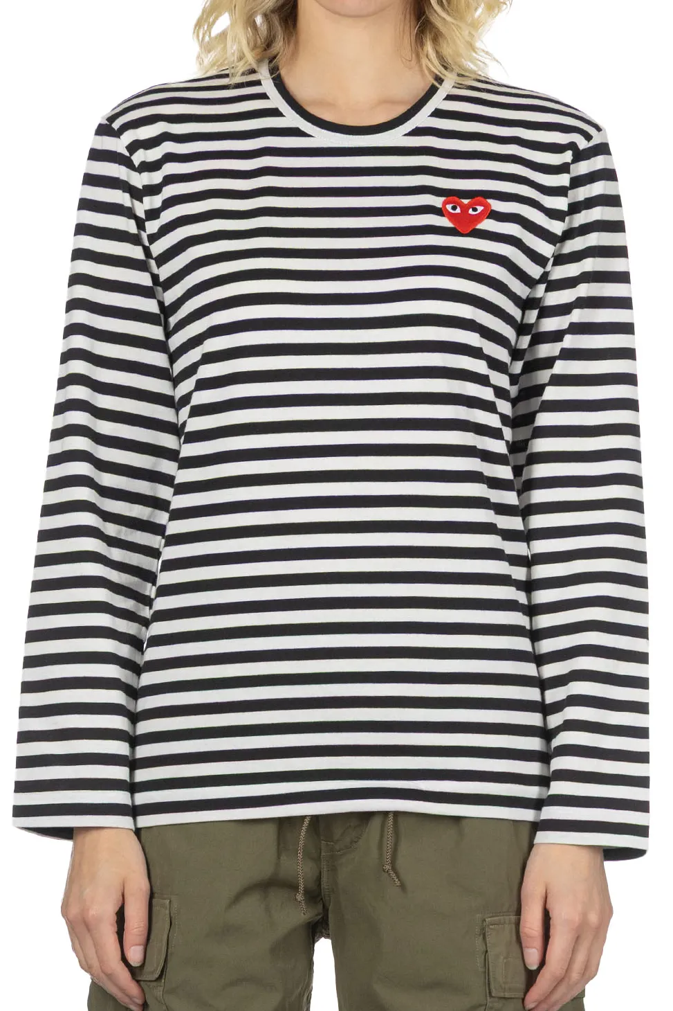 Outlet Comme Des Garcons Play Unisex Red Heart Striped LS T-Shirt - Black x White