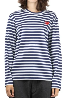 Outlet Comme Des Garcons Play Unisex Red Heart Striped LS T-Shirt - Navy x White