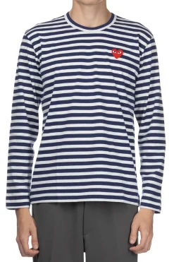 New Comme Des Garcons Play Unisex Red Heart Striped LS T-Shirt - Navy x White