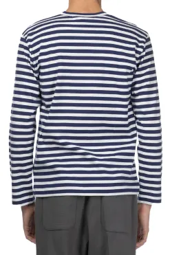 New Comme Des Garcons Play Unisex Red Heart Striped LS T-Shirt - Navy x White