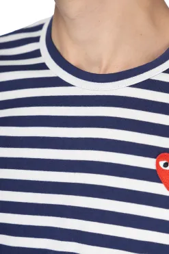New Comme Des Garcons Play Unisex Red Heart Striped LS T-Shirt - Navy x White