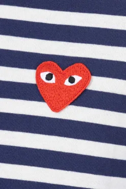 New Comme Des Garcons Play Unisex Red Heart Striped LS T-Shirt - Navy x White