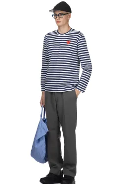 New Comme Des Garcons Play Unisex Red Heart Striped LS T-Shirt - Navy x White