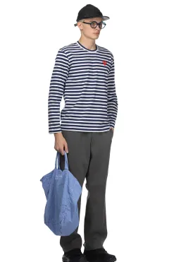New Comme Des Garcons Play Unisex Red Heart Striped LS T-Shirt - Navy x White