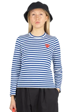 Clearance Comme Des Garcons Play Women's Red Heart Stripe LS T-Shirt - Navy x White