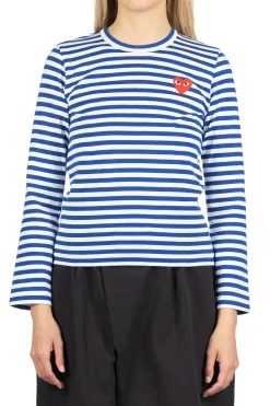 Clearance Comme Des Garcons Play Women's Red Heart Stripe LS T-Shirt - Navy x White
