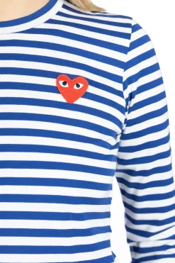 Clearance Comme Des Garcons Play Women's Red Heart Stripe LS T-Shirt - Navy x White