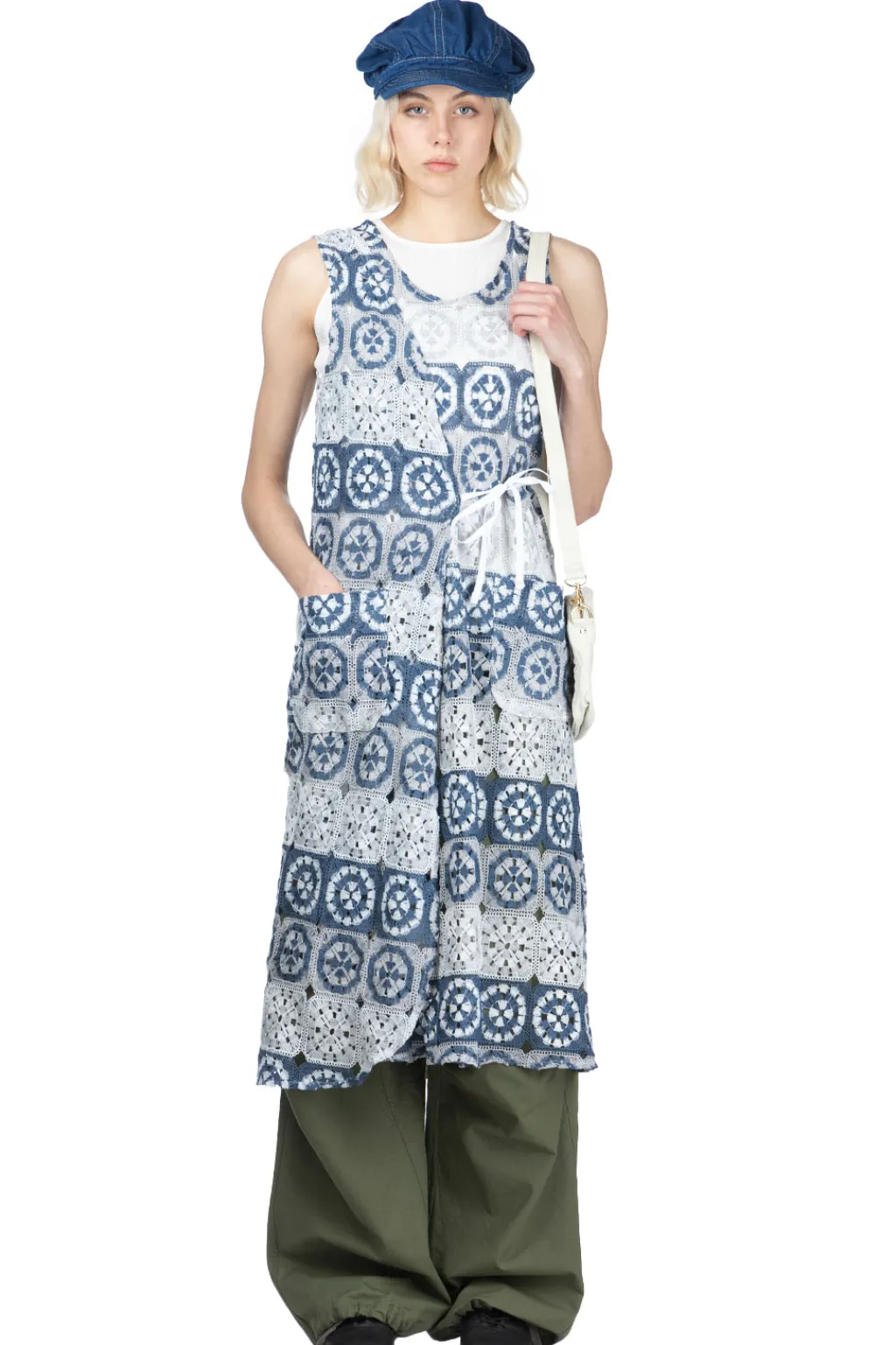 Sale Engineered Garments Wrap Vest Dress - Blue x Grey Poly Crochet