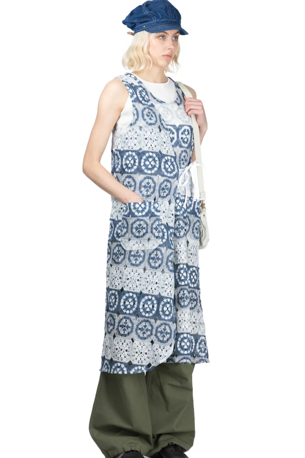 Sale Engineered Garments Wrap Vest Dress - Blue x Grey Poly Crochet