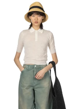 Sale AURALEE Wrinkled Wool Polyster High Gauge Knit Polo - Ivory White