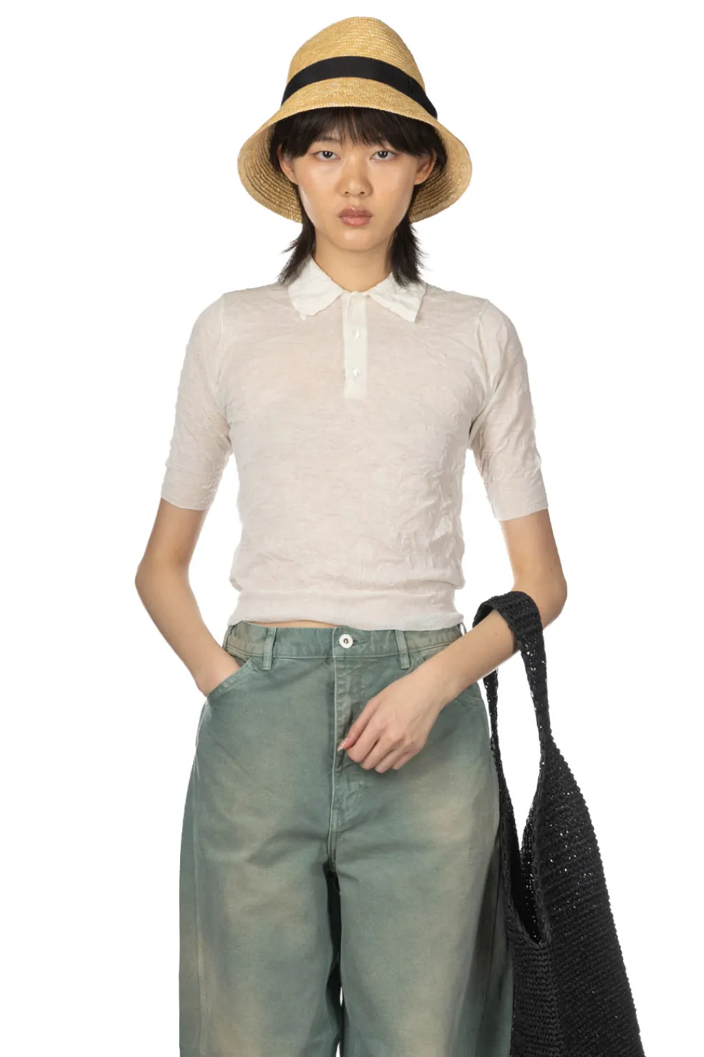 Sale AURALEE Wrinkled Wool Polyster High Gauge Knit Polo - Ivory White