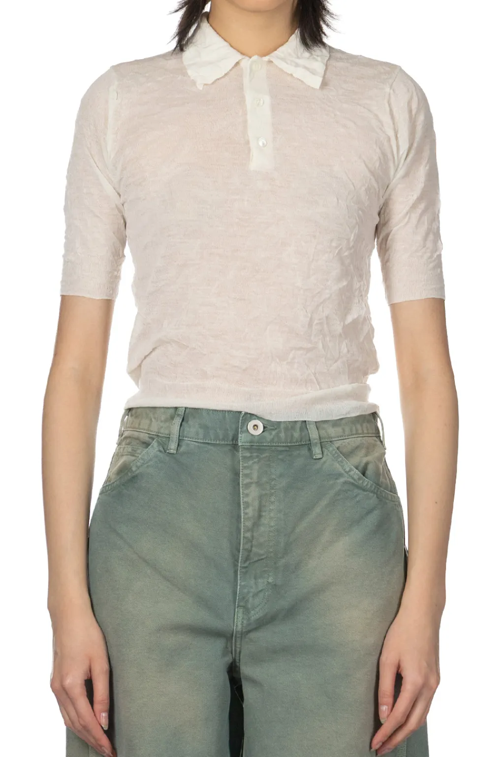 Sale AURALEE Wrinkled Wool Polyster High Gauge Knit Polo - Ivory White